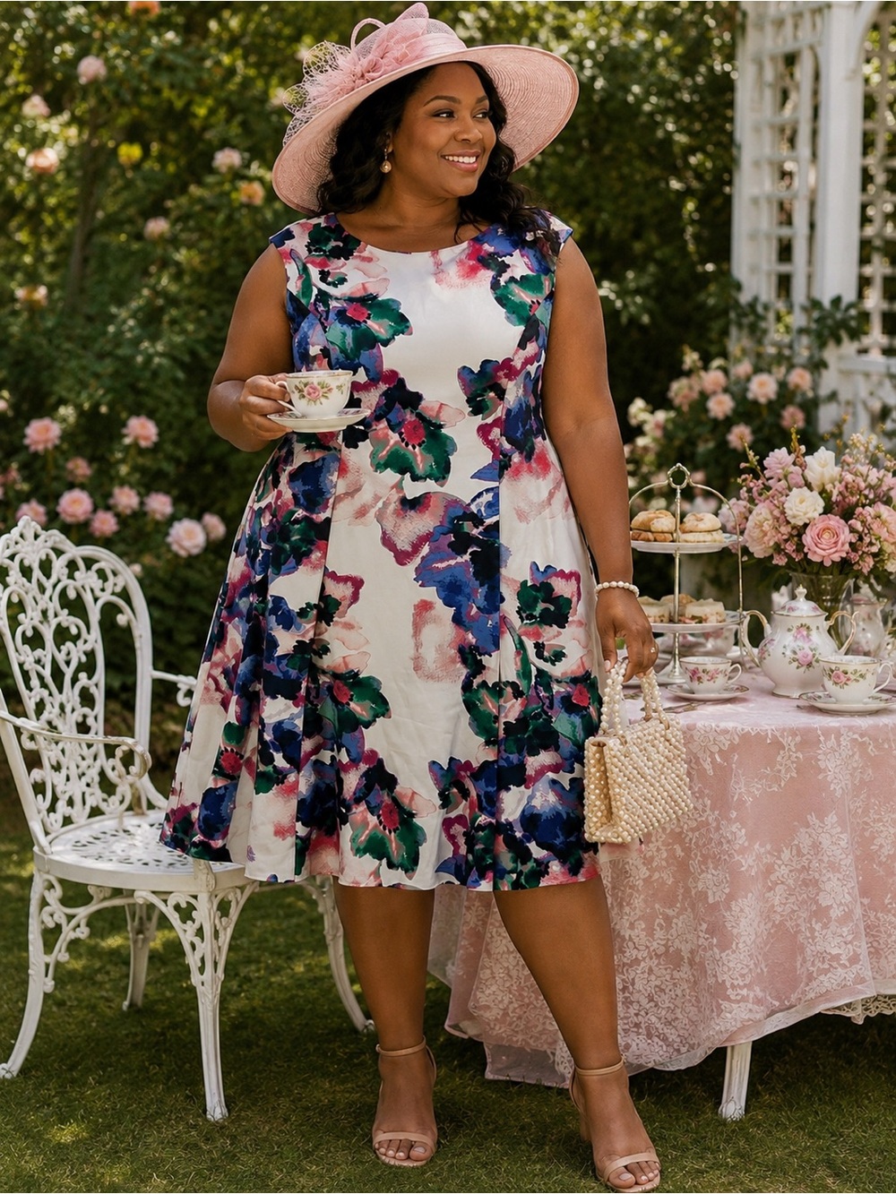Donna Karan White Midi Dress with Blue, Green and Pink Floral Print